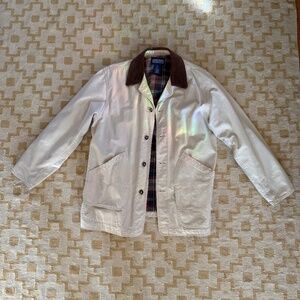 Lands’ End White Chore Coat 42-44L Long Plaid Lining Corduroy Colar